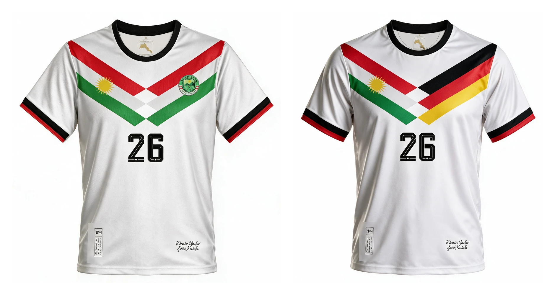 Visualisation des deux maillots Deniz Undav côte à côte : Kit 1 Kurdistan Edition avec le chevron rouge, blanc et vert, Kit 2 Germany Kurdistan Edition avec le noir, le rouge et l'or à droite