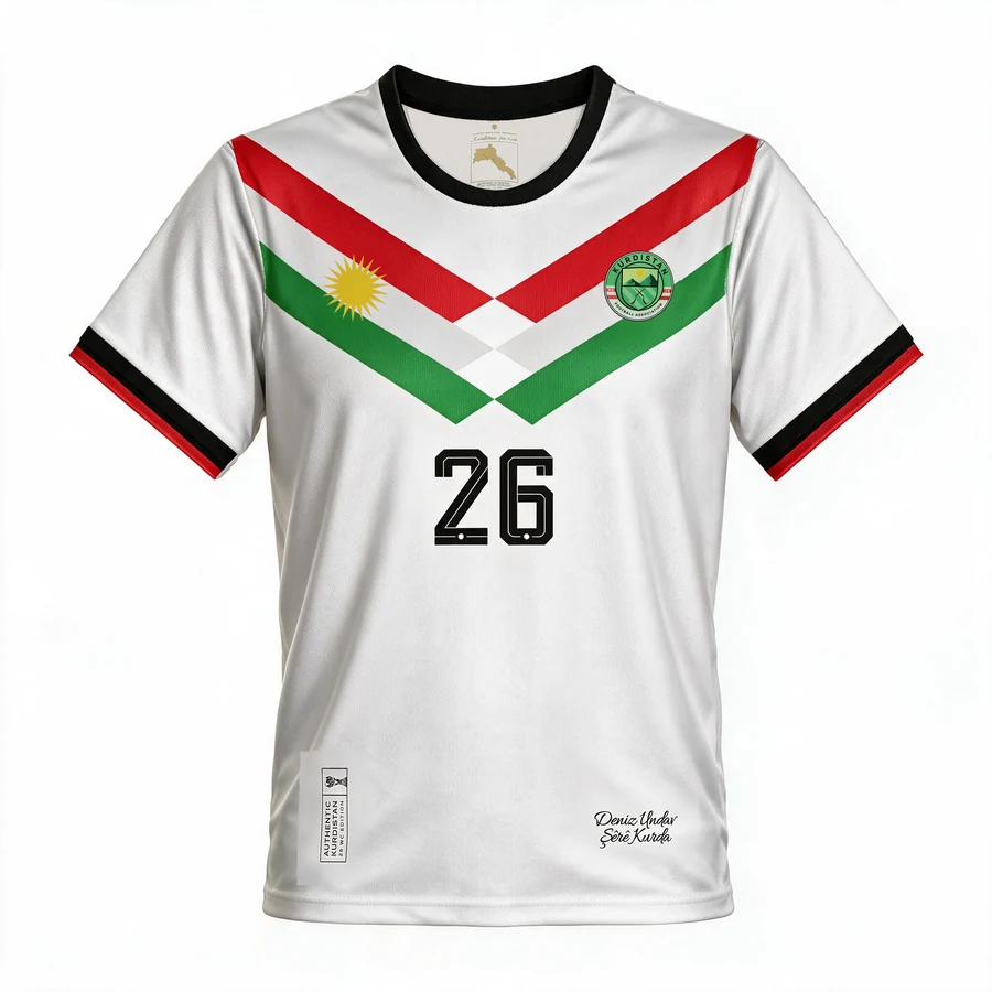 Visualisation du Deniz Undav Kurdistan Edition, Kit 1, de face : maillot blanc avec un chevron rouge, blanc et vert, le soleil et l'écusson Kurdistan