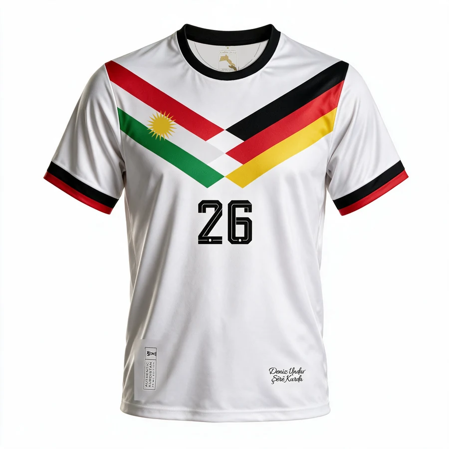 Visualisation du Deniz Undav Germany Kurdistan Edition, Kit 2, de face : maillot blanc, rouge, blanc et vert à gauche, noir, rouge et or à droite